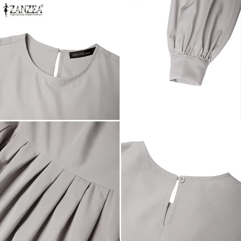 ZANZEA Eleganckie, luźne, plisowane długie sukienki damskie, moda muzułmańska, hidżaby, dekolt okrągły, długi rękaw, abaje, szaty, odzież islamska na Ramadan