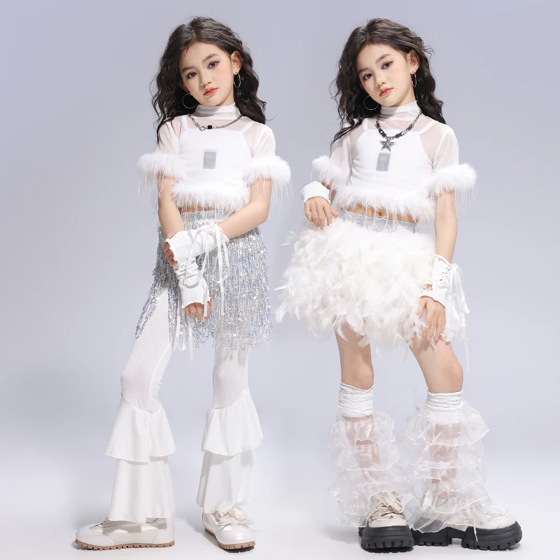 Meninas gaze colheita topo dança de rua crianças saias de lantejoulas hip hop jazz prata minissaia conjuntos de roupas criança streetwear trajes k-pop