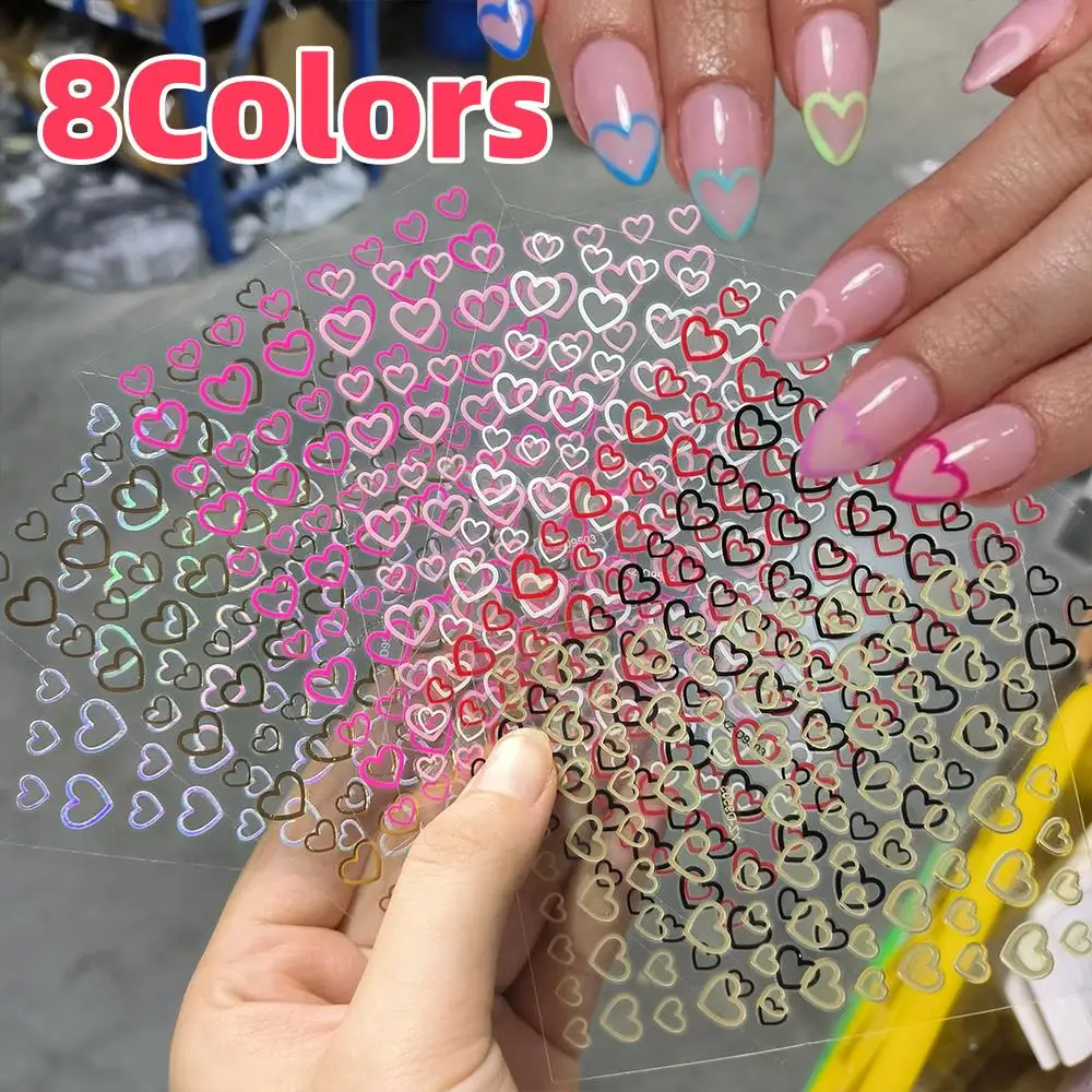 8-Farben 3D Hollow Hear-Love Nails Aufkleber Sweet Line Love Selbstklebende Nagelaufkleber DIY French Tip Valentinstag Nägel Zubehör