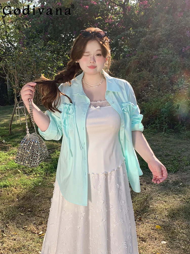

Large Size 2XL-6XL Green Versatile Long Sleeve Leisure Girl Shirt New Spring Summer Pink Sweet Loose Versatile Korean Coat Top