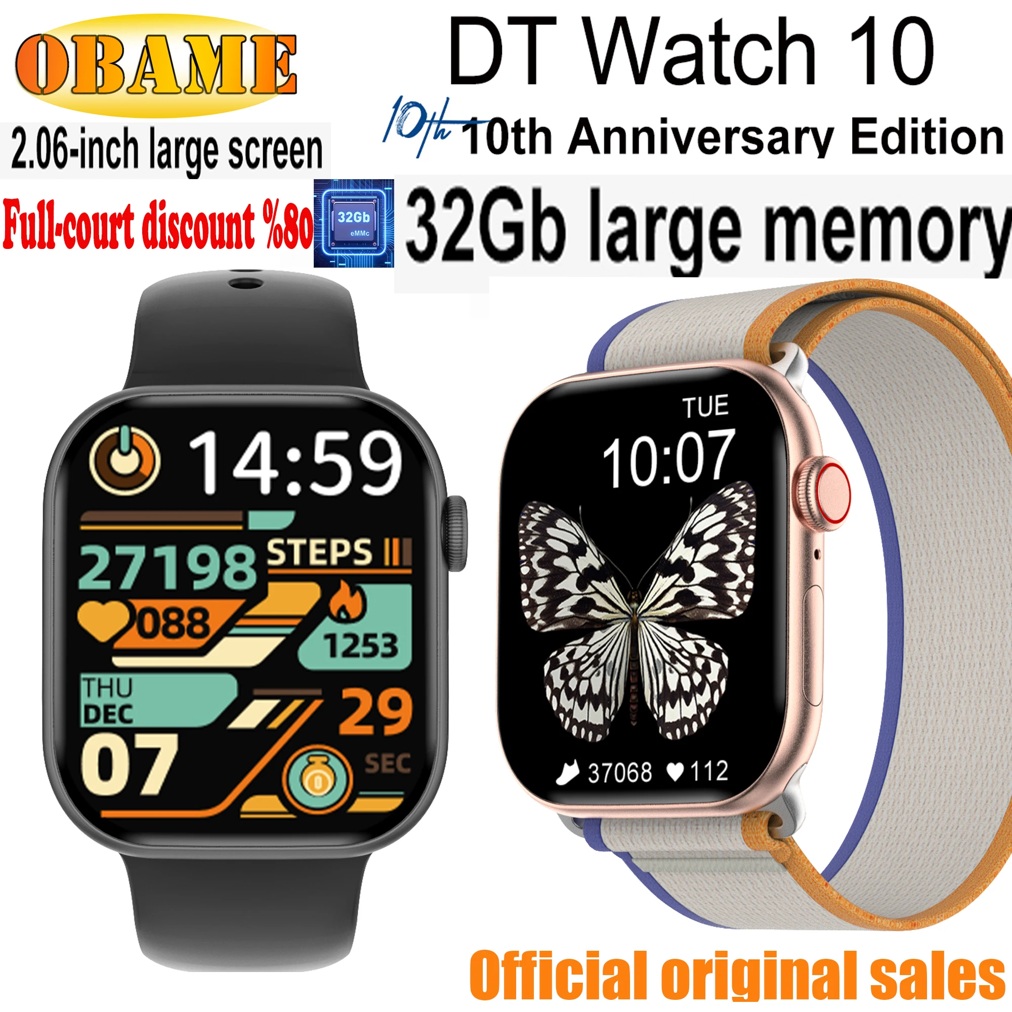 New Original DT Smart watch10 32Gb Large Memory NFC Compass Bluetooth Call Video Playback Smart Watch 2.06 Inch AMOLED Screen