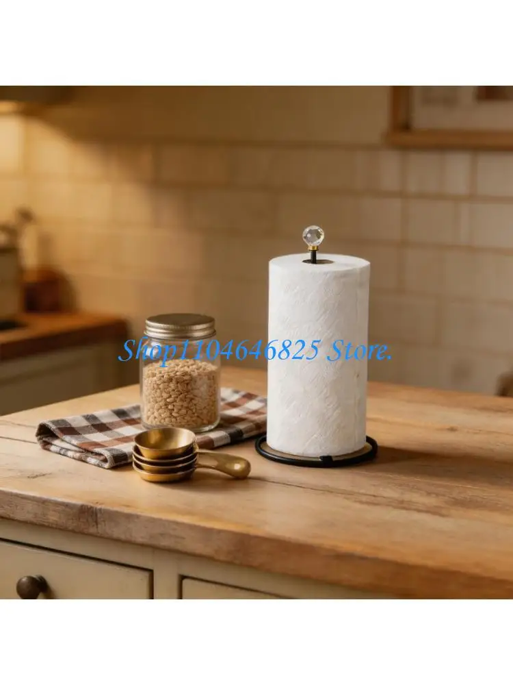 Metal Paper Towel Rack for Daily Home Use, Open Base Roll Stand with Clear Faceted Top Accent for Kitchen Counter and Bath