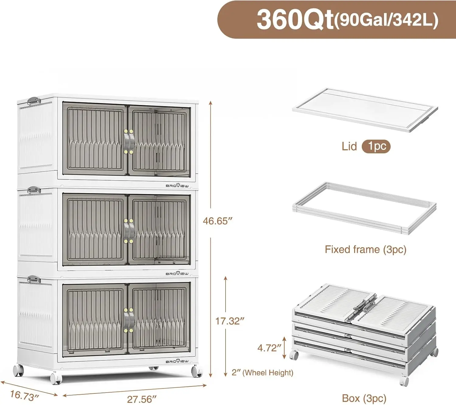 120 Qt Stackable Storage Bins with Lid, Closet Organizer and Collapsible Box with Wheels, 3Pack