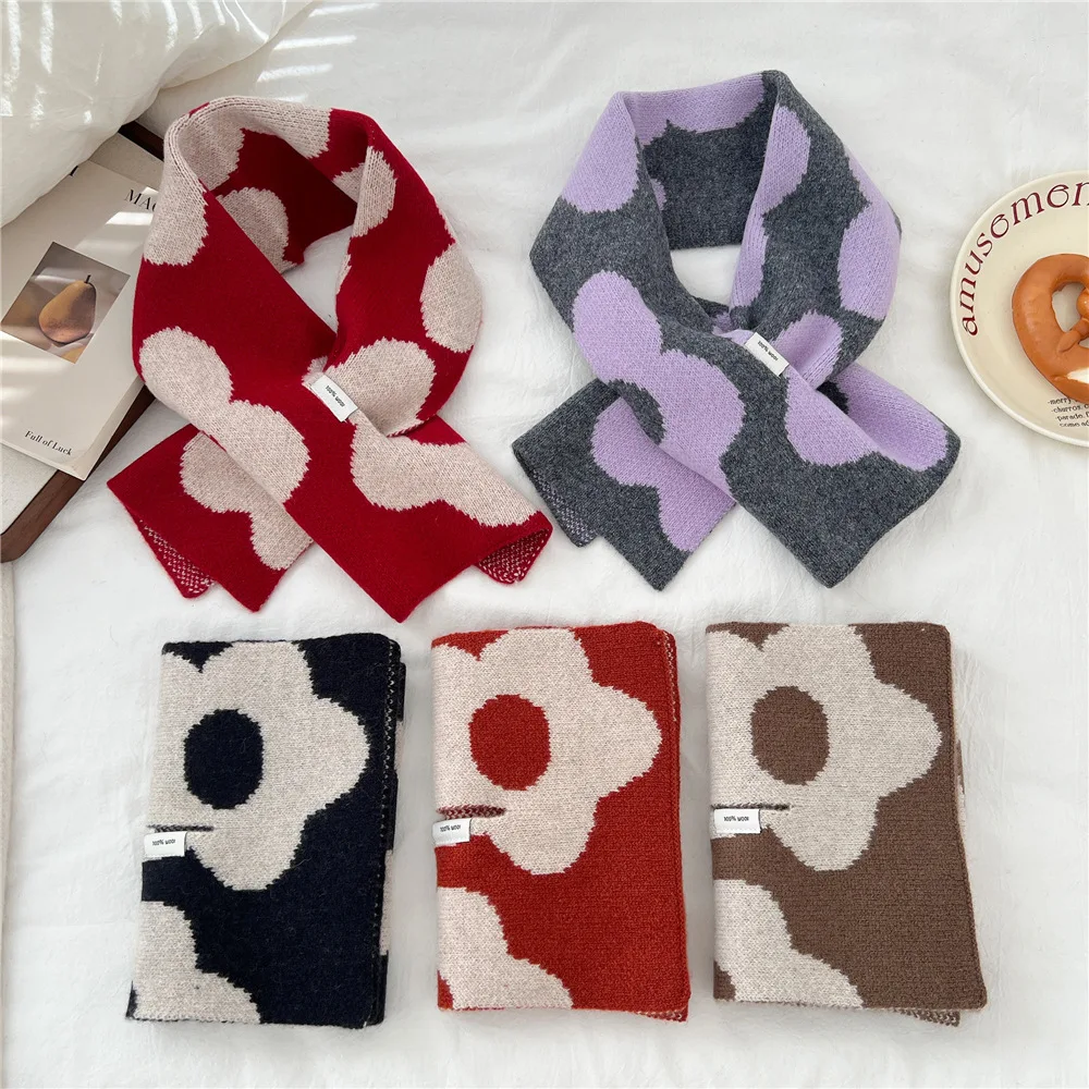 100% Wool Neck Scarves Knitted Cross-Over Scarf for Women Autumn Winter Warm Orange Purple Floral Design Neck Warmer