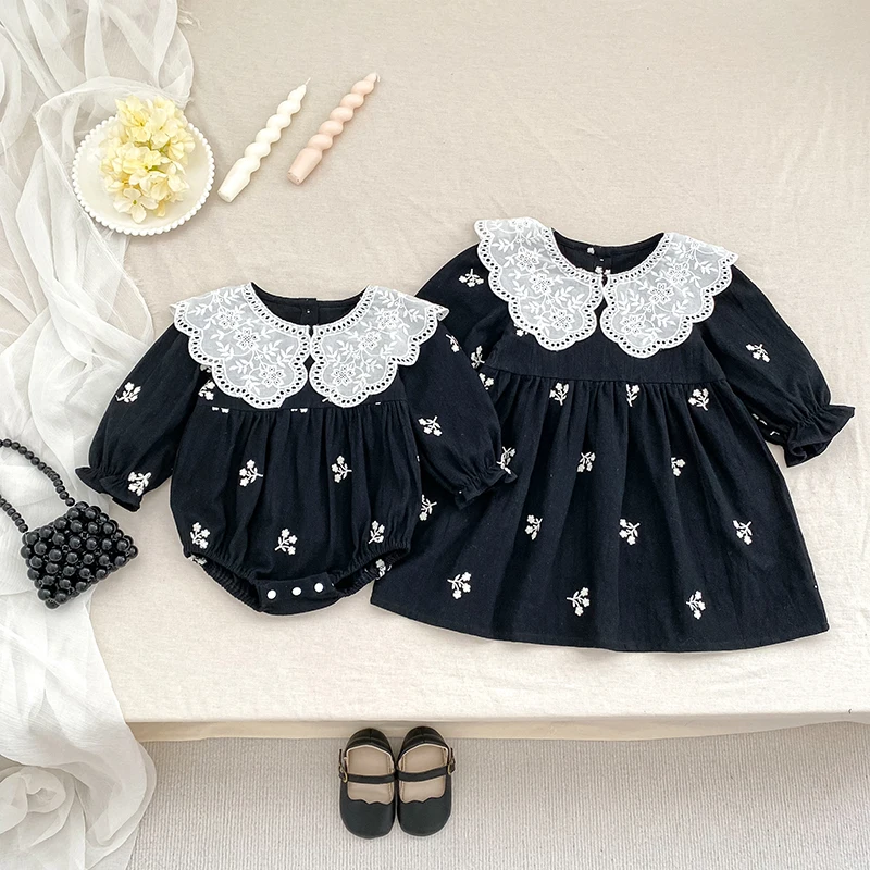 فستان أطفال لخريف 2025 للأخوات من عمر 0 إلى 7 سنوات فستان بناتي مطرز بالزهور فساتين أميرات للأطفال رومبير قطني للفتيات الصغيرات