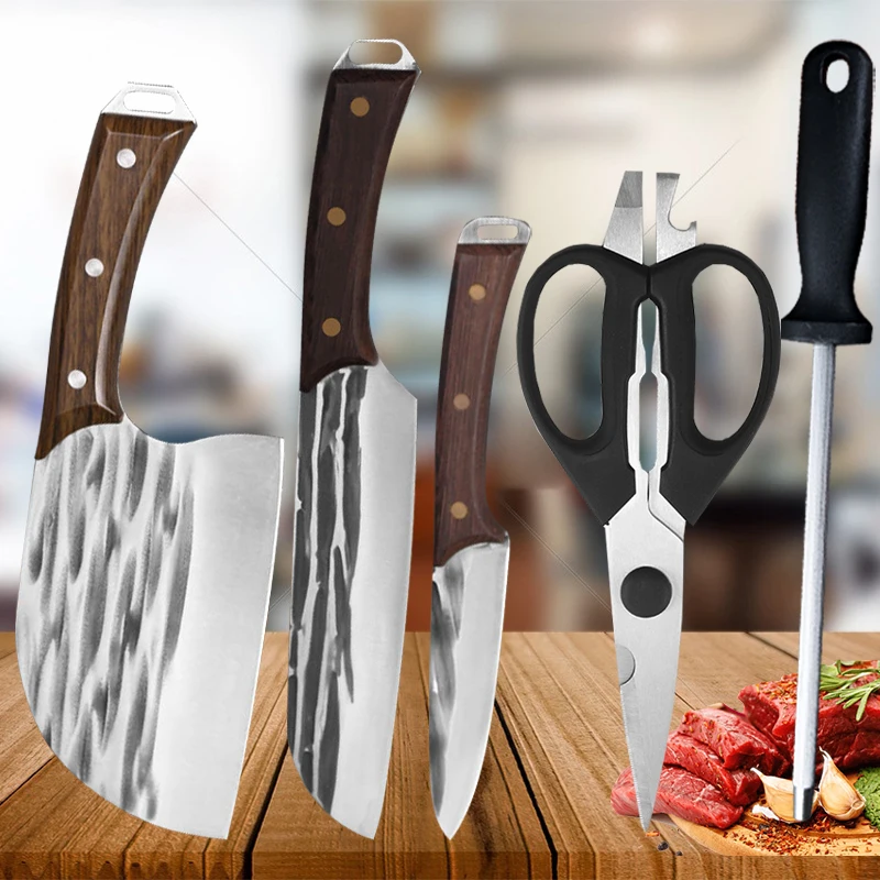 

Hand Forged Fish Knife Stainless Steel Kitchen Knife Slicer Knife Meat Cleaver Household Kitchen Scissors with Sharpening Rod