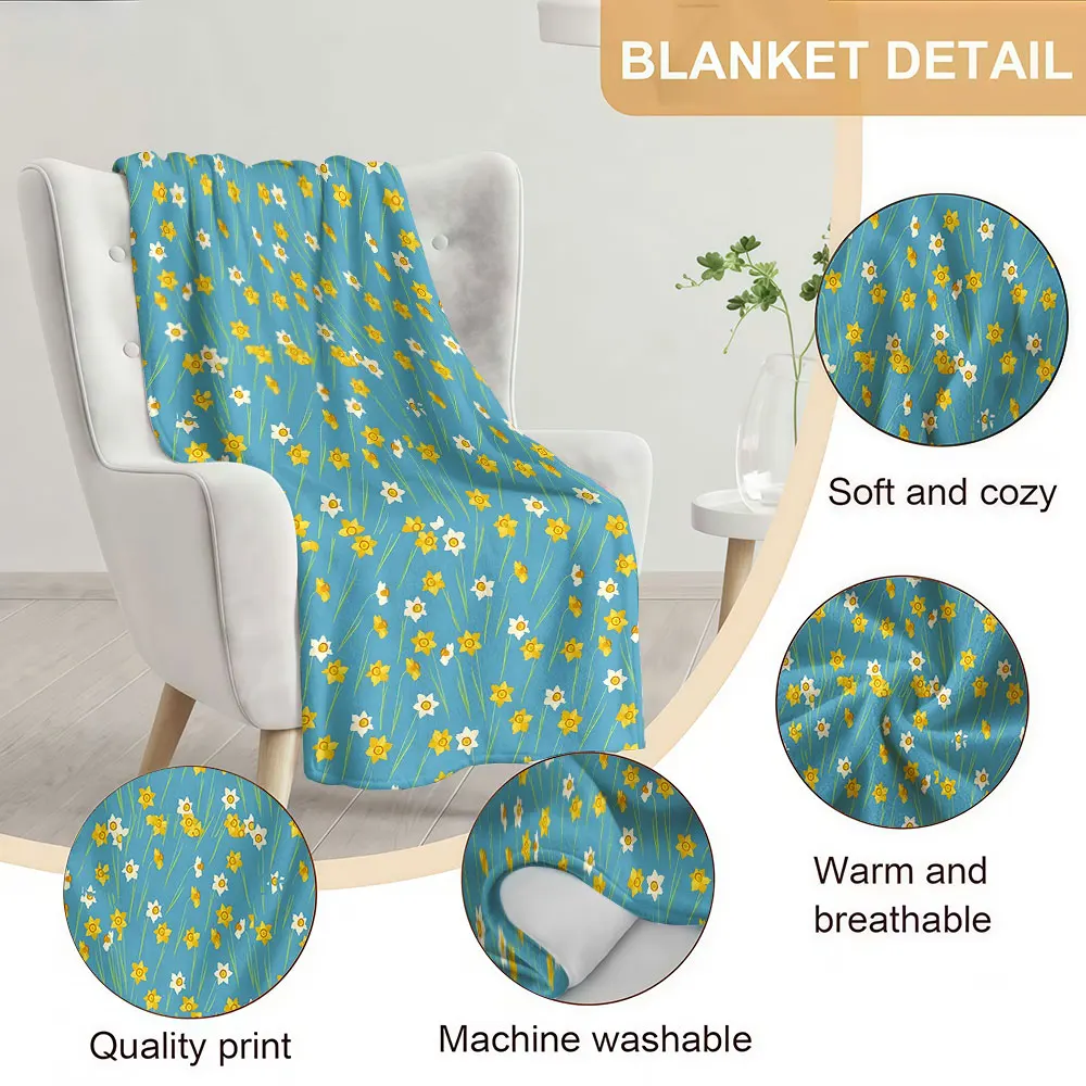 Blue Daffodil Print Soft Warm Flannel Blanket Lightweight Cozy Christmas Halloween Home Decor Room