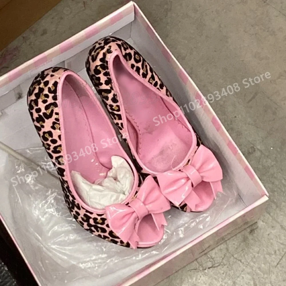 

Front Butterfly Knot Pink Leopard Print Open Toe Shallow Pumps Stiletto High Heel Women Shoes 2025 Summer Zapatos Para Mujere