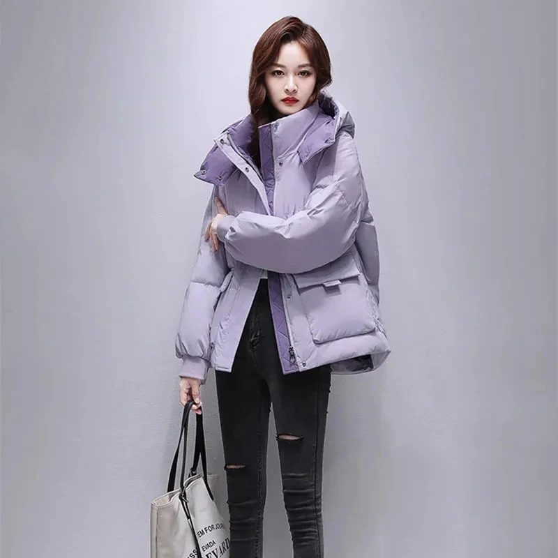 

Korean down jacket women's short coat 2023 winter new thickened hooded contrasting coat parka cotton jacket Loose fitting coat