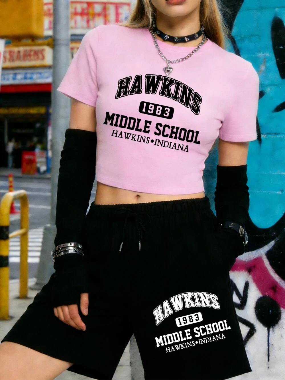 

Summer Hawkins Middle School Printed Crop T-Shirts Shorts Womans Two Pieces Set Knee Length Pants Slim High Elastic Soft Tops