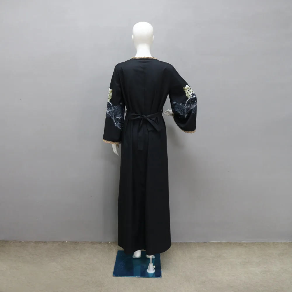 Vestido estampado em flores com faixa para mulheres, abaya hijab, véu, robe de diamantes, kaftan com renda, vestido longo muçulmano, moda, conjunto 2 peças