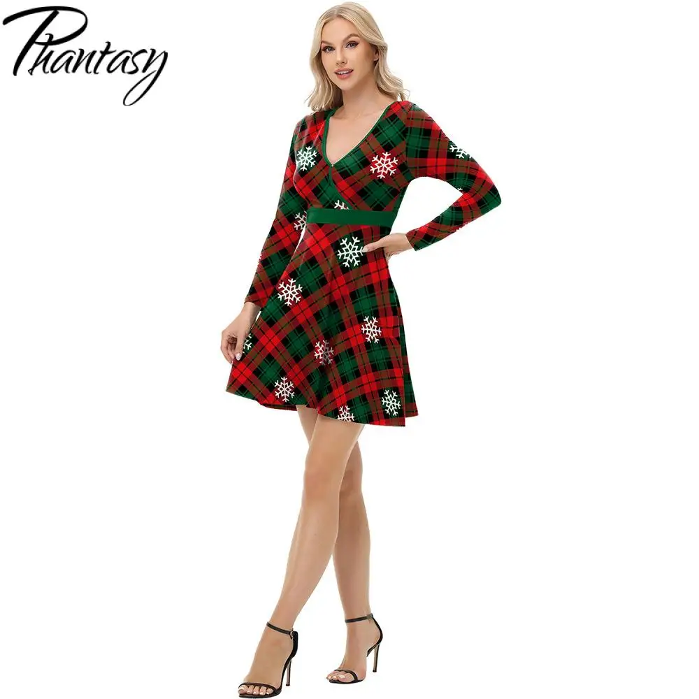 Phantasy Green Vintage Grid Dress V Neck Dress Xmas Party Dress Women Gown Carnival Fancy Nightgown Christmas Tree Outfit