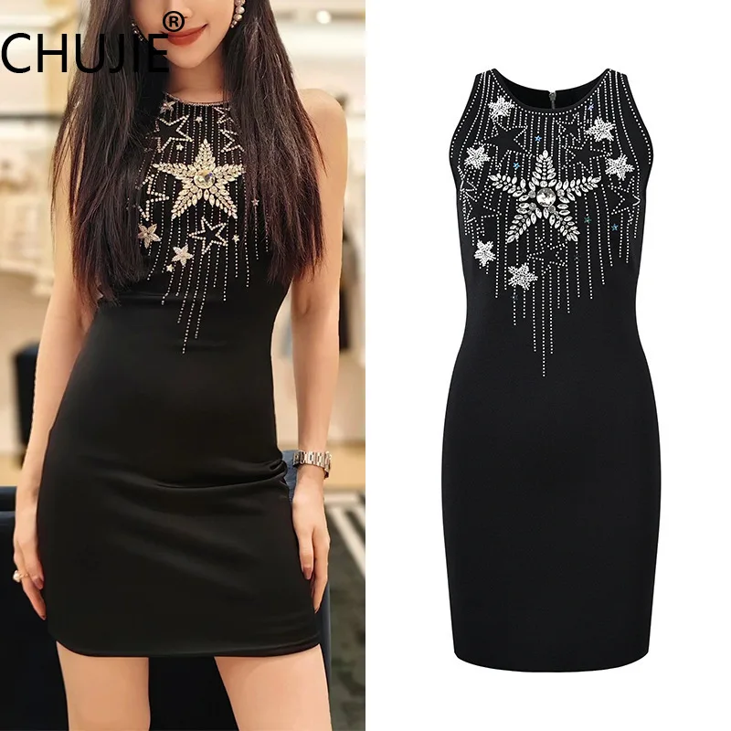 

CHUJIE Women's 2025 Summer French Style Star Beaded Knit Sleeveless Dress - Slim Fit Rayon Blend Formal Gown