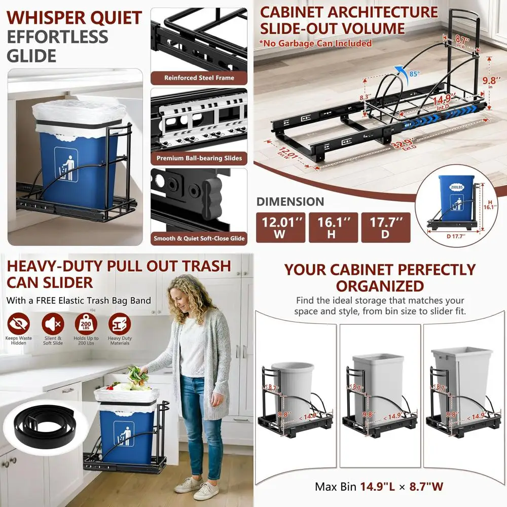 

Pull-Out Trash Can Under Sink, 30-50 Qt, 7-13 Gallon, 13 W x 19 D x 17 H, Black, Full Extension Slide, Kitchen & Bath Use