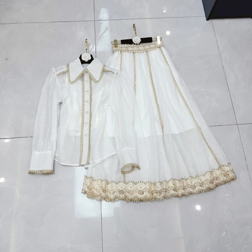 

French style slim and versatile lace long-sleeved shirt + skirt two-piece suit-GZXX378