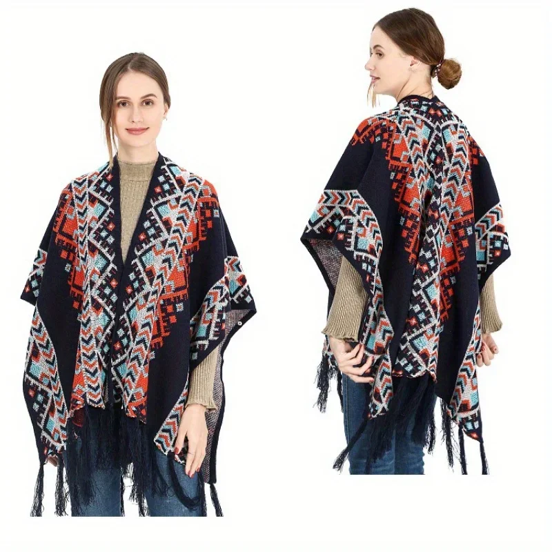 

1pcs Ethnic shawl cape women's warm knitted shawl fringed thickened wool scarf