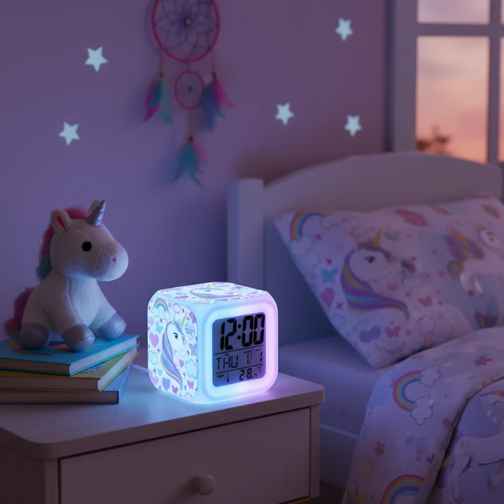 Kids Alarm Clock 7 in 1 LED Night Light with Wake Up Function Display Time Date Temperature USB Powered Color Changing Lamp