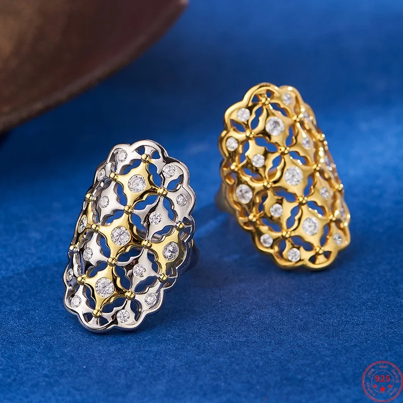 

Кольца из стерлингового серебра S925 для женщин и мужчин, позолоченные полые украшения для окон, инкрустация цирконом, модные контрастные цвета, ювелирные изделия, оптовая продажа