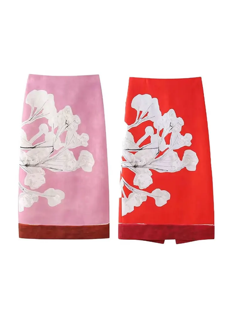HH Woman\'s New Fashion Summer A-Line Skirt Print Mid-Waist Slit Zipper Skirt Female Vintage Holiday Style Straight Skirts