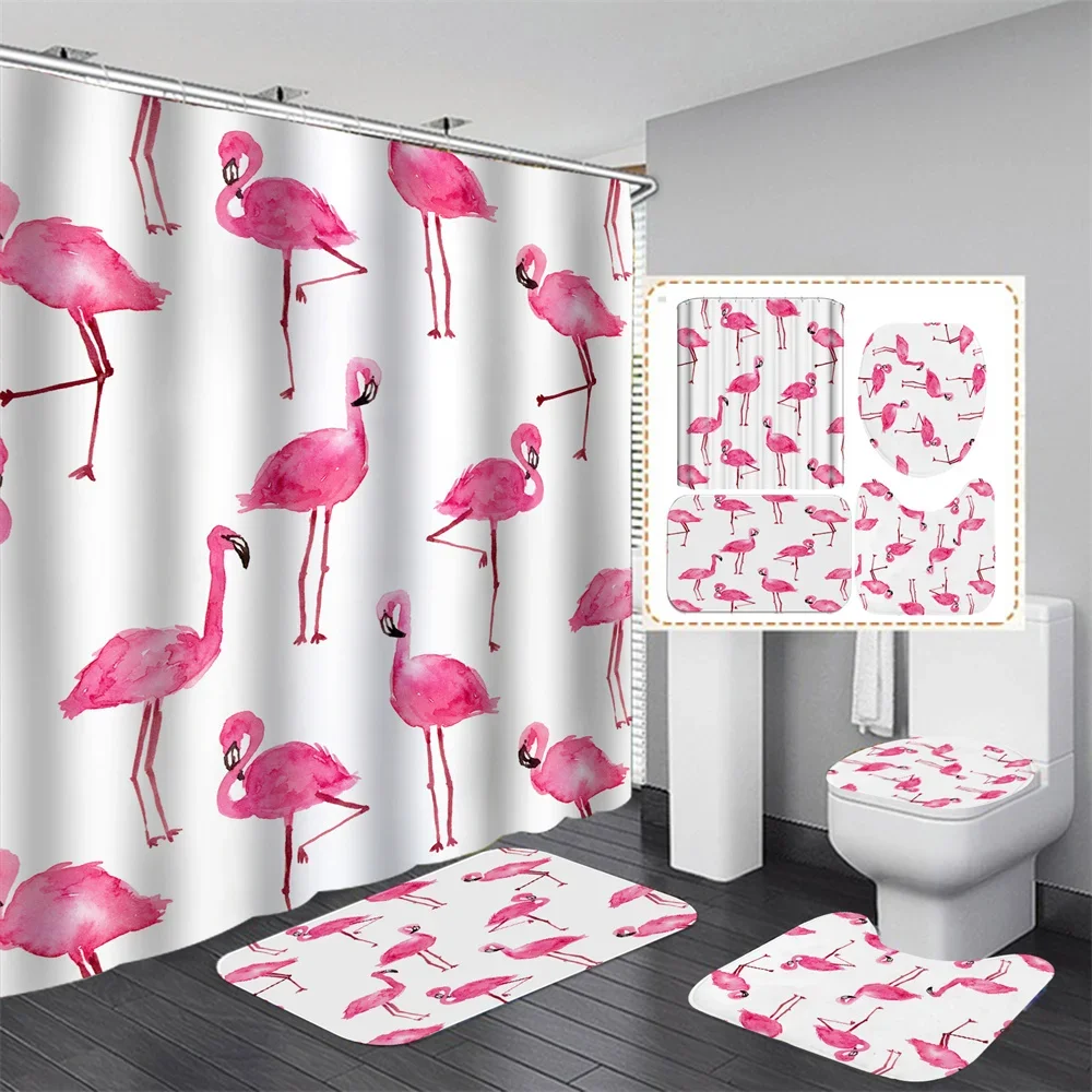 

Розовый Фламинго Тропические Листья 3D HD Набор Занавесок Для Душа Водонепроницаемый Полиэстер Набор Занавесок Для Ванной Комнаты С Ковриком Нескользящие Коврики