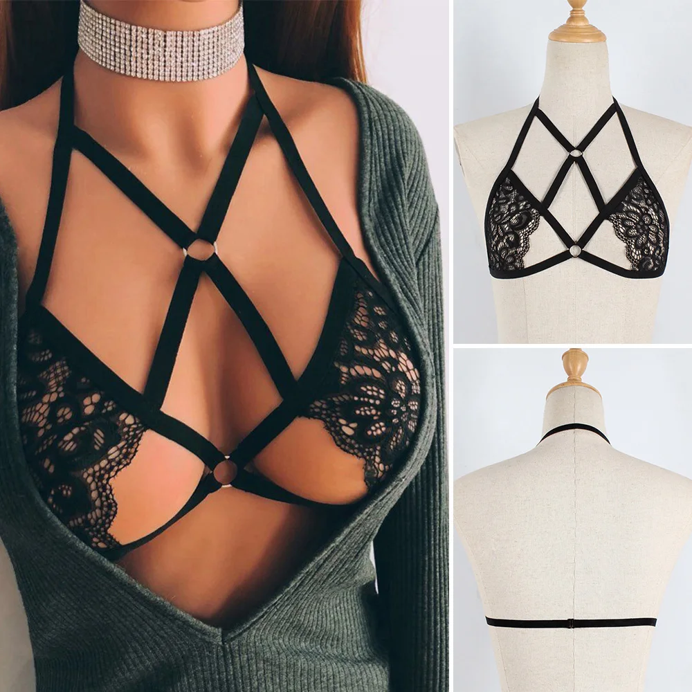 

Black Hollow Bustier Bra Adjustable Elastic NightClub Lingerie Cage Tops Bralette Lace Body Chain Underwear S~XL