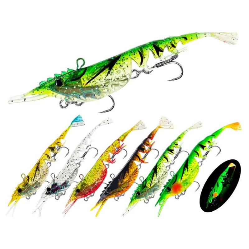 

Набор из 6 приманок-креветок с двойными крючками и многосекционным дизайном, 11 г, 10,5 см, бионические мягкие креветки из ПВХ, светящиеся, с оловянным покрытием.