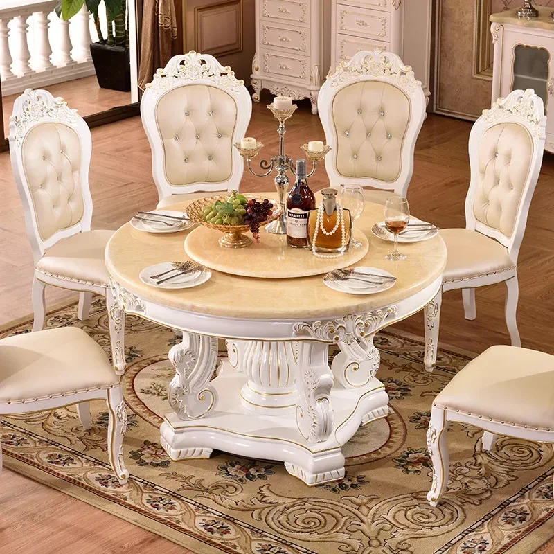 Marble dining table white double turntable round table for home use