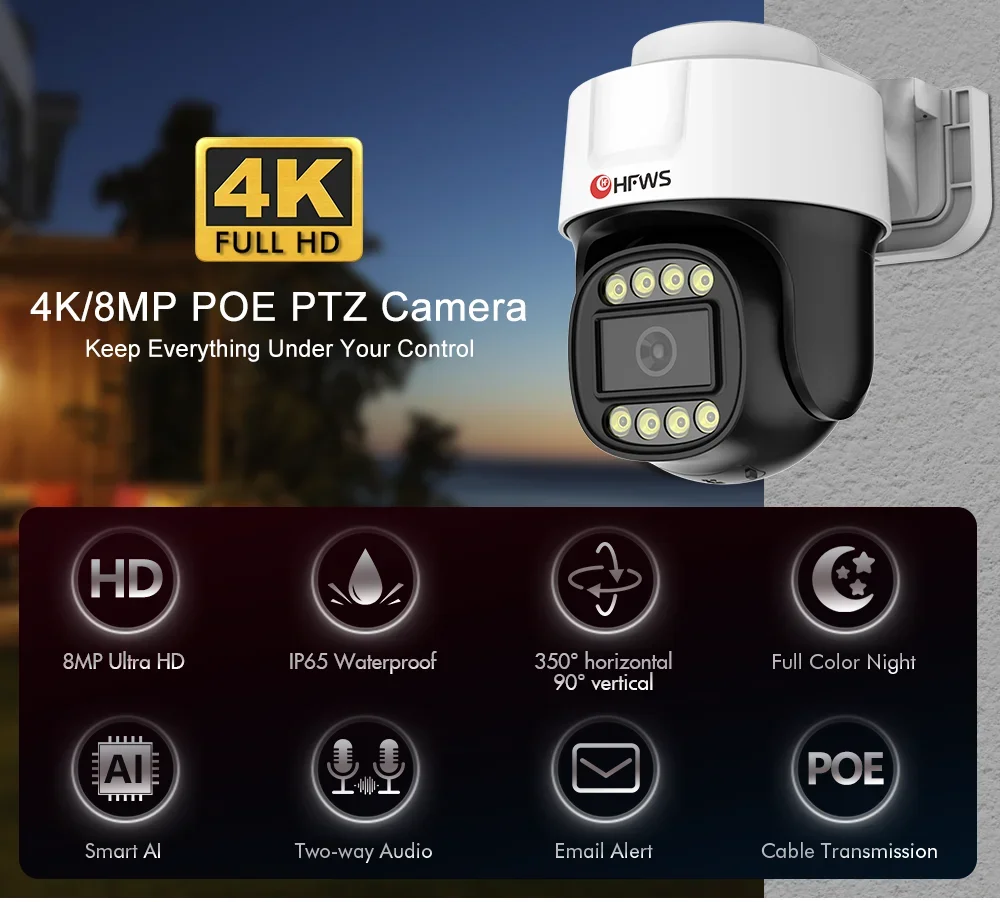 HFWVISION 8Ch 4K 8MP CCTV-Überwachungskamerasystem Ptz Home Videoüberwachungsset Outdoor IP-Kamera Humanoidenerkennung