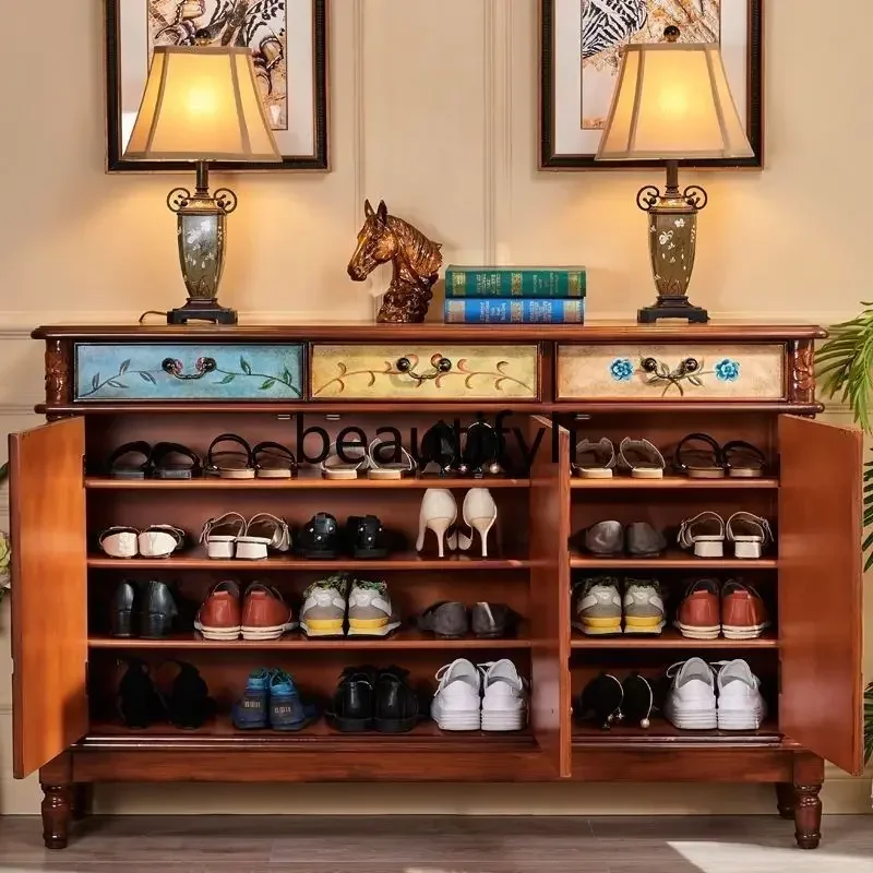 GAmerican shoe cabinet large capacity entrance European solid wood dining side locker ultra-thin foyer cabinet