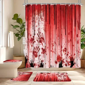 4Pcs Halloween Horror Shower Curtain Set, Red Blood Splatter & Dripping Handprint Print Bath Curtain with Bathroom Rug, Toilet L
