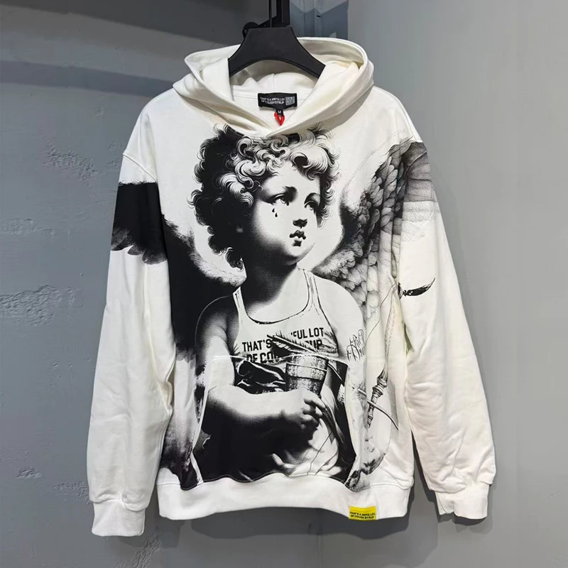 طباعة رقمية بنمط الملاك باللون الأبيض، مجموعة رائعة من سترة بغطاء للرأس من COUGH SYRUP للرجال والنساء للجنسين من القماش الثقيل بلوفرات قطنية