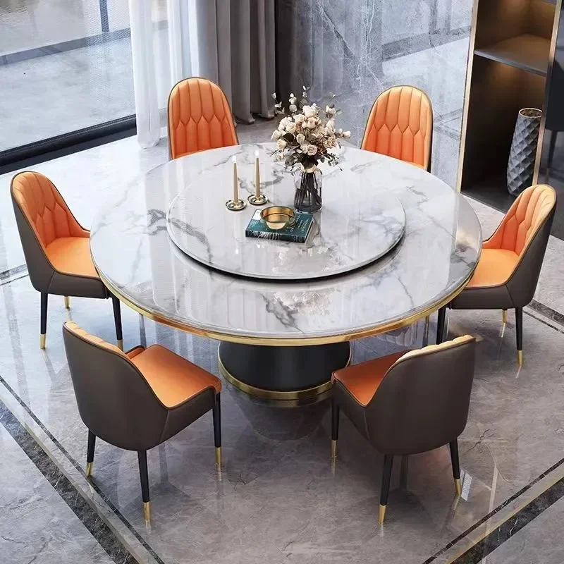 Round Dining Table Set 4 Chairs Marble Look Sintered Stone Top Titanium Gold Legs Modern Small Space Apartment Kitchen