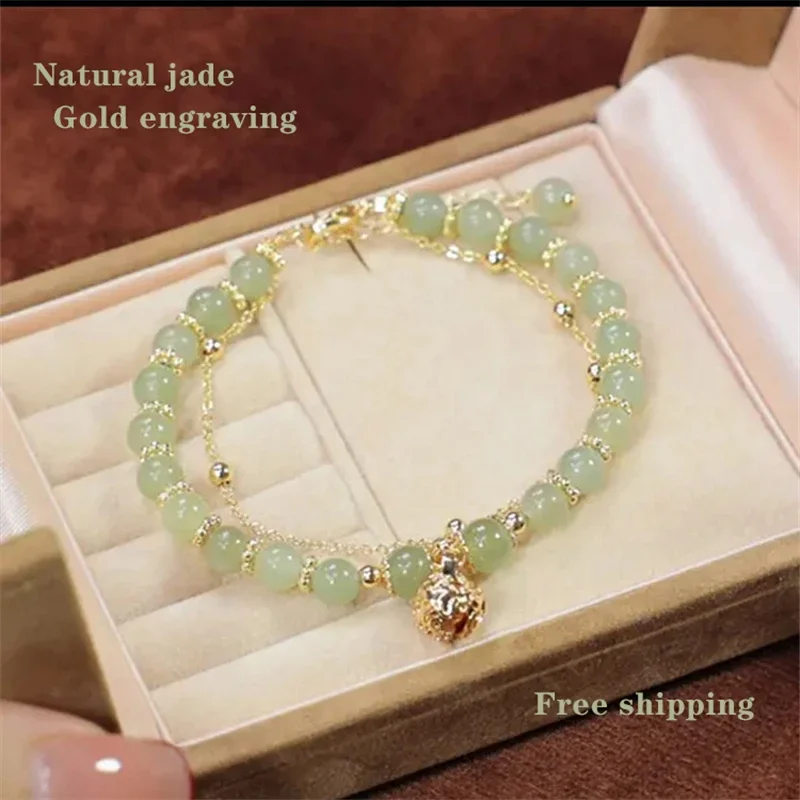 Free shipping natural hetian jade blessing bead gold bracelet string sweet lovely wind jewelry luxury bangle hot gift women girl