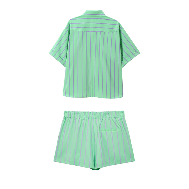 Koekop Women's Fashion Lapel Striped Button Closed Top & Vintage Elastic Waist Striped Women's Chic Shorts