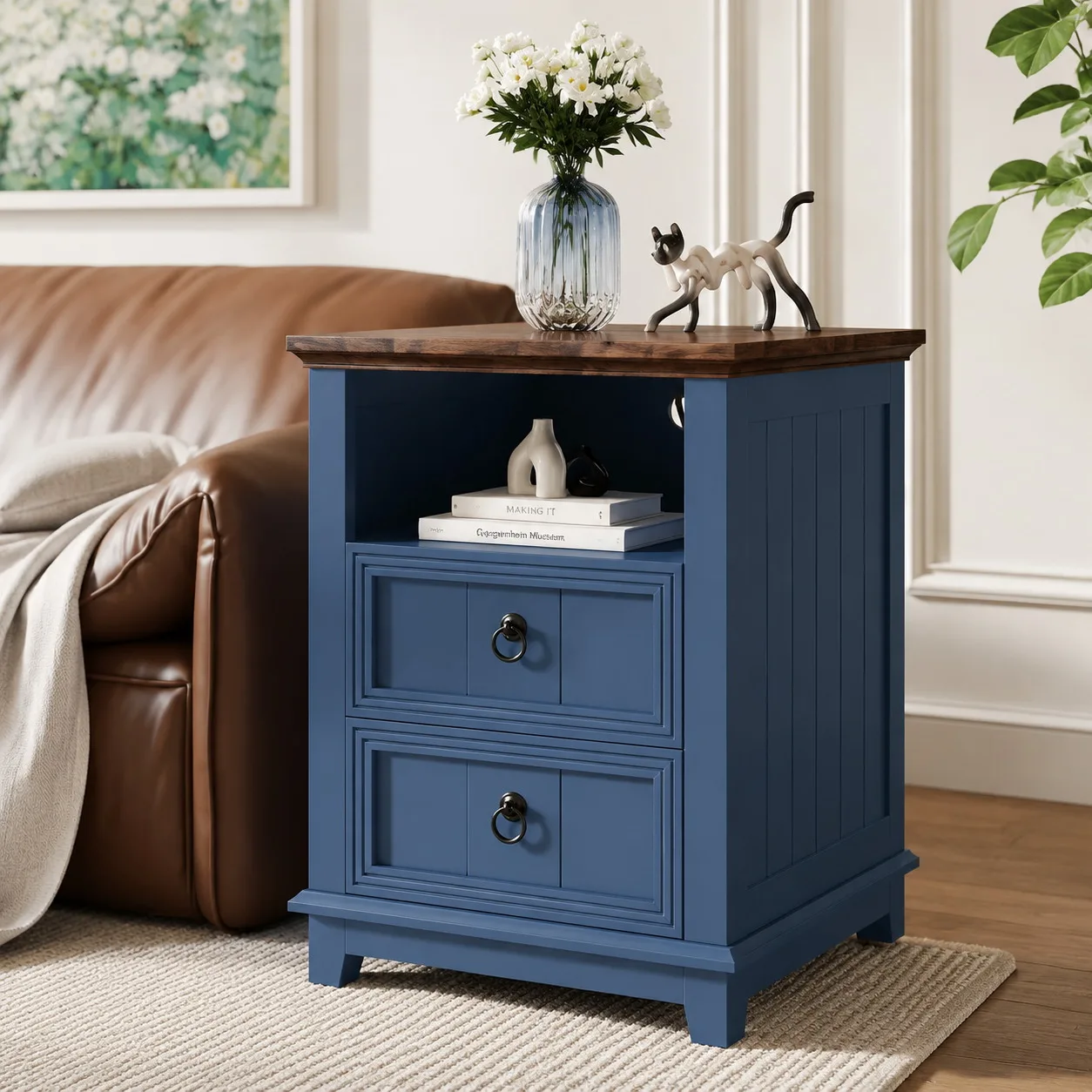 18 Inch Wood Nightstand with USB Charging Station Modern Fluted Bedside Table 2 Drawer End Table with Storage Shelf for Bedroom Living Room Home Office Apartment Dorm Blue