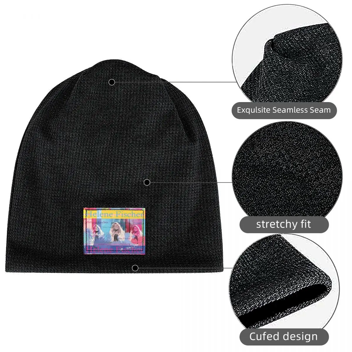 Helene Fischer Portrait Waffle Knit Fleece Lined Beanie with PU Leather Patch Unisex Warm Winter Soft Cap