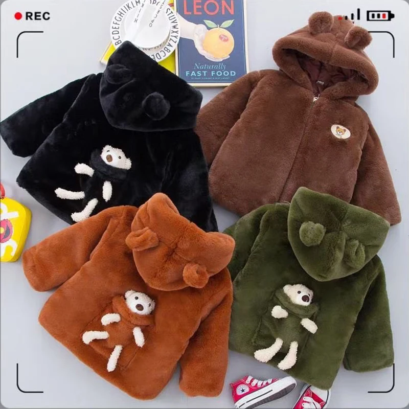 1 2 3 4 5 6 Year Baby Boys Jacket Autumn Winter Warm Hooded Zipper Outerwear Fashion Little Bear Coat Birthday Gift Kids Clothes