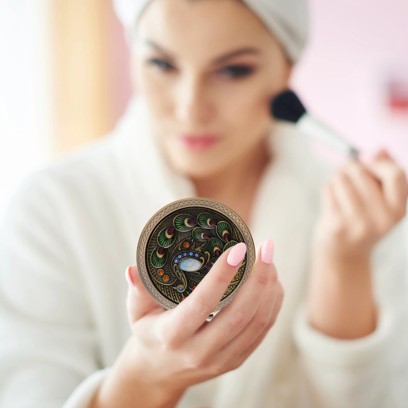 

Vintage Peacock Folding Makeup Mirror Small Round Gold Compact Portable Metal Purse Mirror for Travel Daily Use