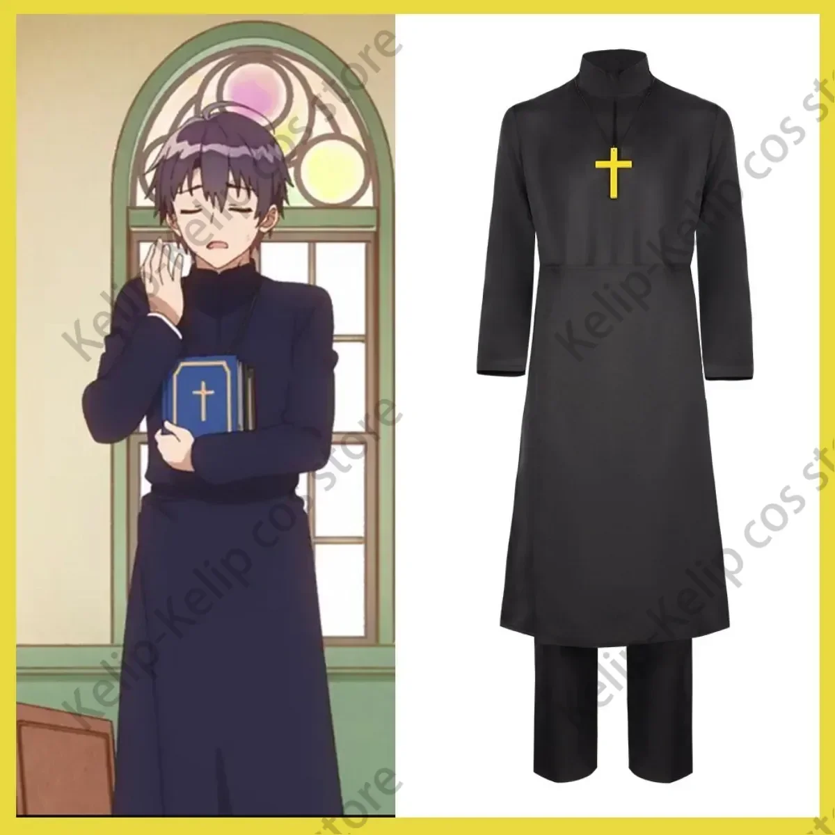 Anime Saint Cecilia & Pastor Lawrence Lauren Cosplay Costume Black Robe Tops Uniform Necklace Adult Man Halloween Christmas Suit