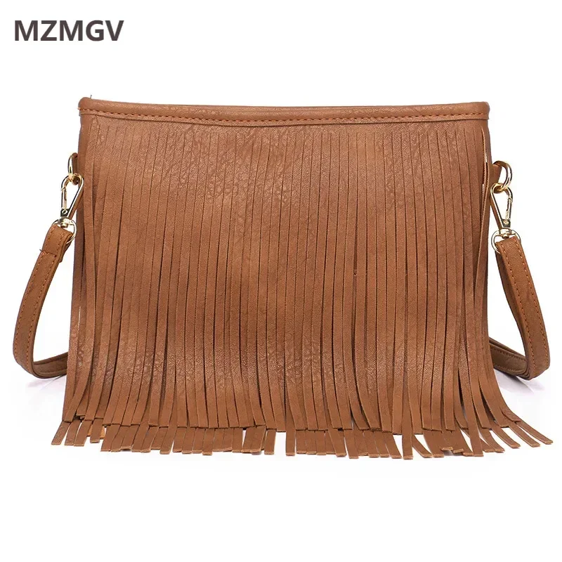 

Vintage Tassel Crossbody Bags for Women Solid Color PU Soft Leather Zipper Messenger Bag All-matching Shoulder Bag Female
