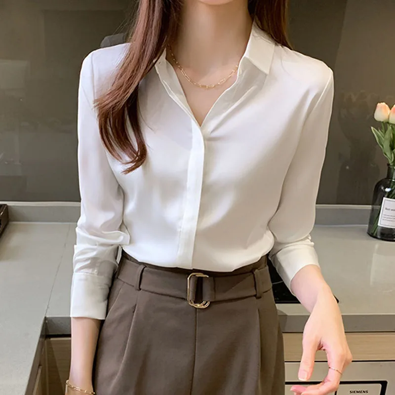 2024 Autumn New Satin Long Sleeves Turn Down Collar Korean Version Champagne Color Chiffon Shirt Blouse Women Tops Camisas C06