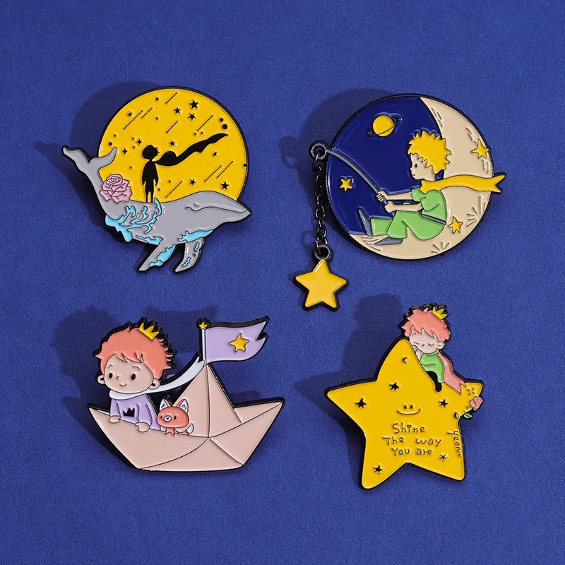 Wholesale 24PCS Set Prince Brooch Pin Badge Enamel Moon Planet Fishing Star Whale