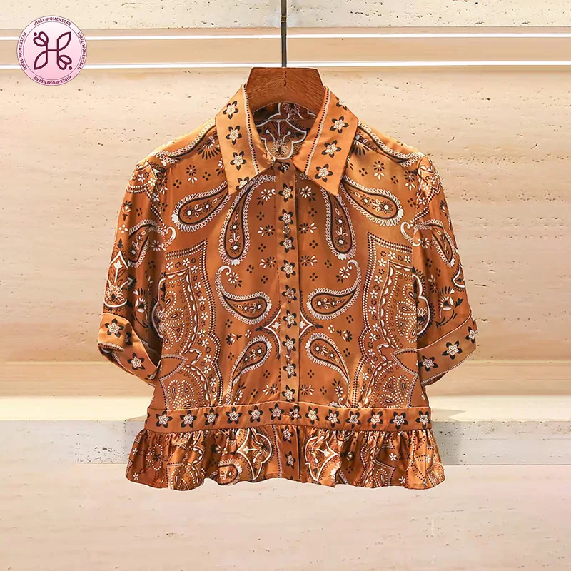 

French Niche 2026 Spring Summer Tropical Paisley Print Waist-Cinching Ruffle Polo Collar Blouse for Women