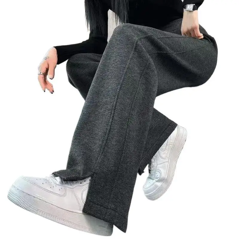 กางเกงขายาวผ้าฟลีซหนานุ่มทรงขากว้างสำหรับผู้หญิง ฤดูใบไม้ร่วง ฤดูหนาว ผ้าขนสัตว์ ทรงตรงผ่าข้าง รุ่นแคบ สไตล์ลำลอง ทรงกล้วย