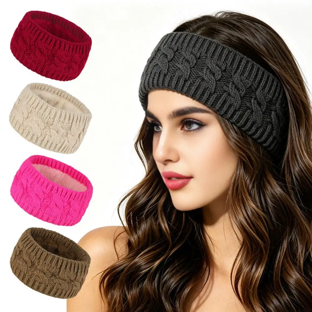 Winter Knitted Headband for Women, Soft Fleece Lined Thermal Hair Band, Thickened Plush Ear Warmer for Cold Weather Outdoor Spor