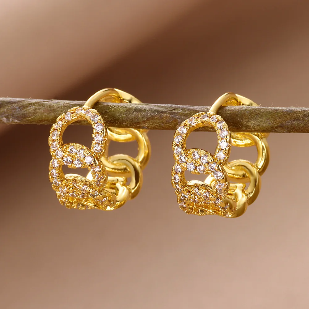 

Luxury Zircon Cuba Chain Earrings For Women Gold Color Geometric Stainless Steel Earring Christmas Party Aesthetic Jewelry Gift