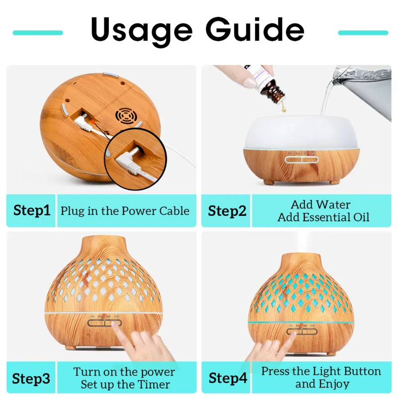 500ML น้ํามันหอมระเหยน้ํามันหอมระเหย Diffuser ไม้ GRAIN รีโมทคอนโทรล Ultrasonic Air Humidifier Cool พร้อมไฟ 7 สี