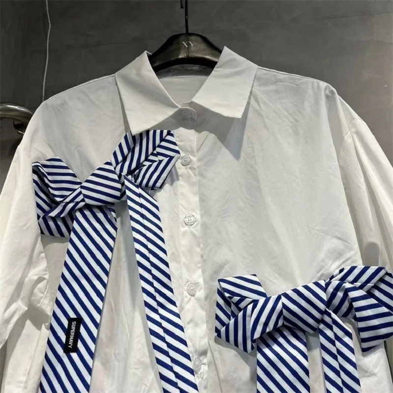 New In 2024 Autumn White Bows Stitch Mid-length Shirts Blouses For Women Loose Casual Long Sleeve Top Blusas Woman Clothes