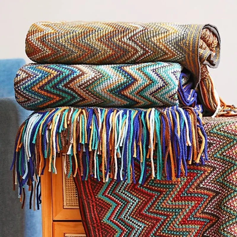 Manta de punto con borlas para sofá, cobertor ligero, color rojo oxidado, estilo bohemio, para cama y sofá