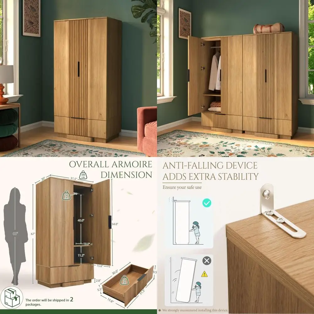 

67 Natural Wooden Armoire with Adjustable Shelves for Bedroom Storage
